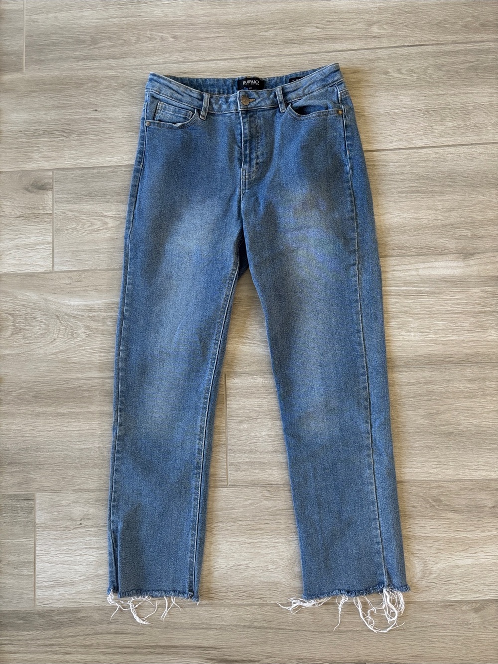 Buffalo Blue Semi Hi Rise Slim Straight Jeans With Raw Hem Size 28